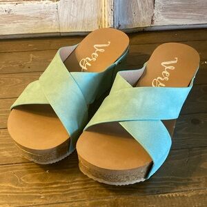 NWOT Turquoise wedge slides as